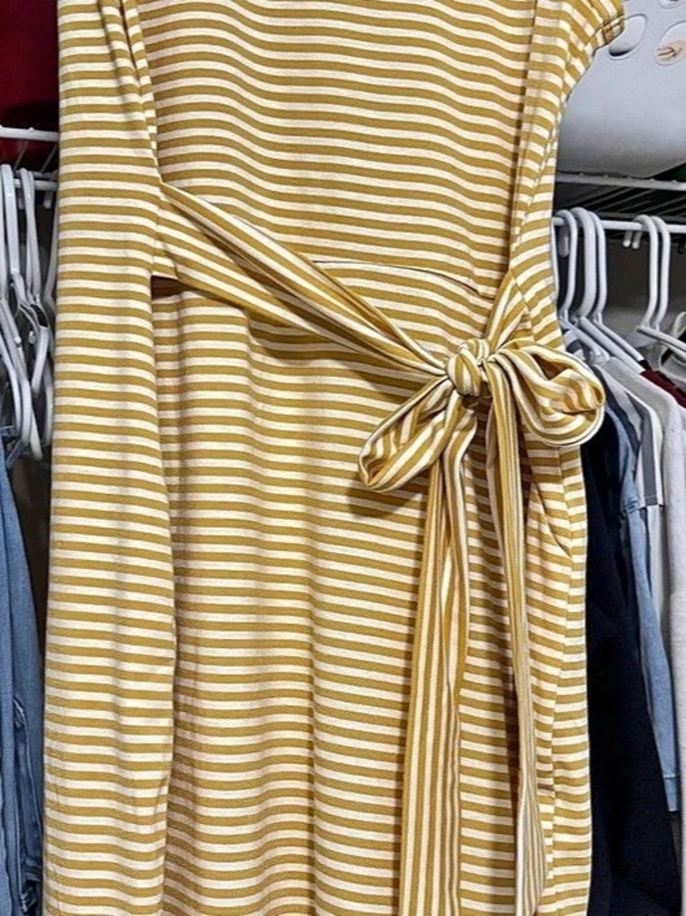 AEROKEETY Striped Tie Waist Mini Dress in Yellow & White Size Small
